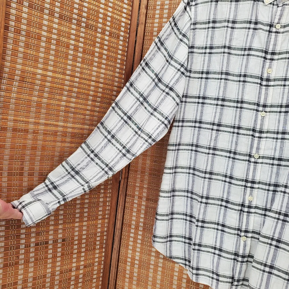 ♧ Banana Republic Camden Fit Linen Plaid Button Down Shirt Size XL White Black